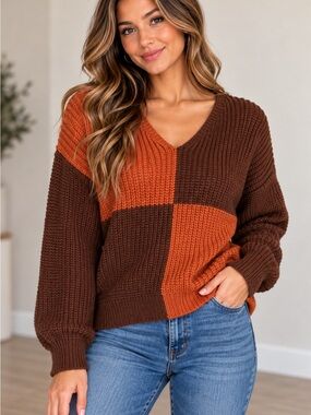 No Boundaries Brown Rust Orange Colorblock Twisted Back Ribbed Sweater Juniors L